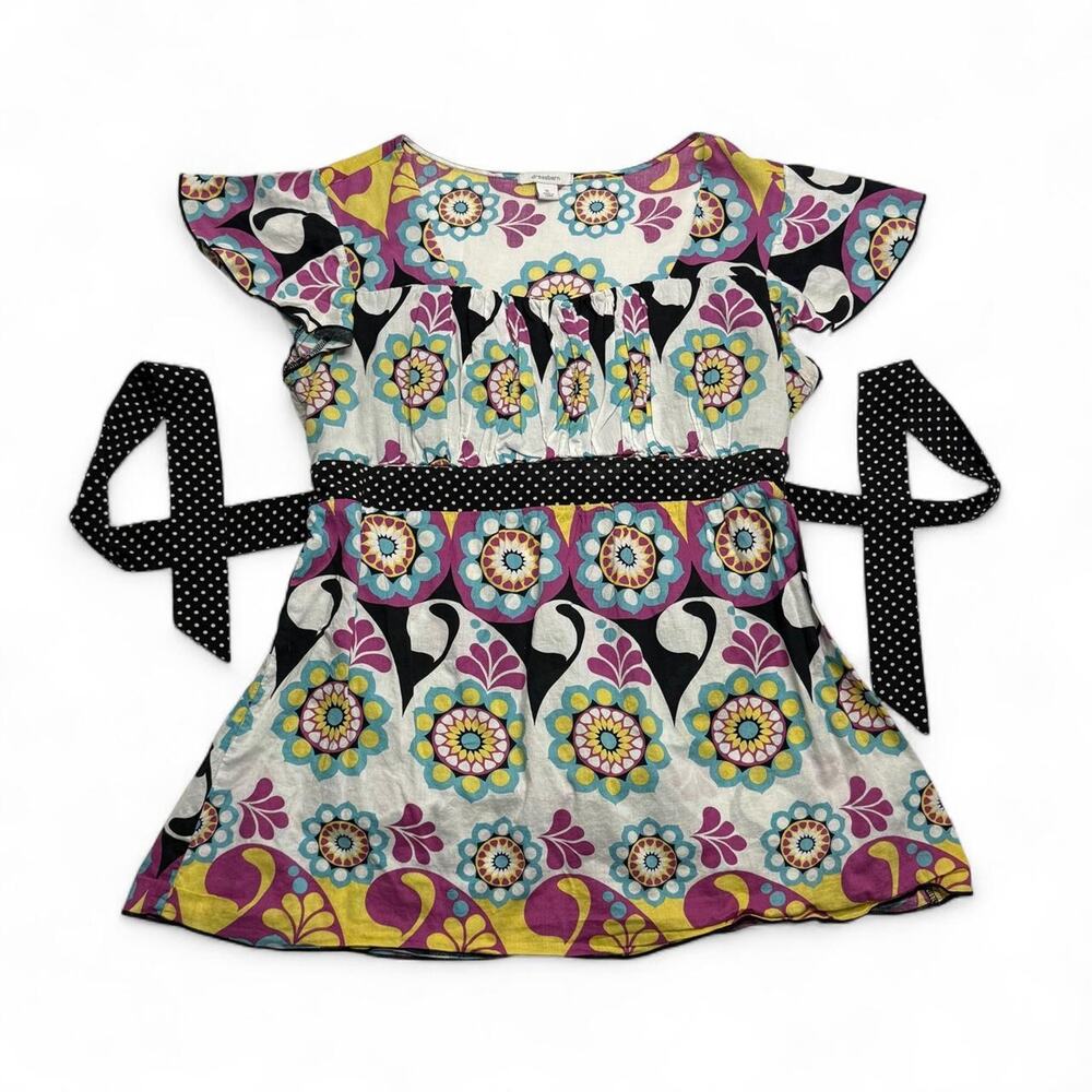 Dressbarn Y2K Floral Print Babydoll Top Bow Detail Size XL whimsical top cotton